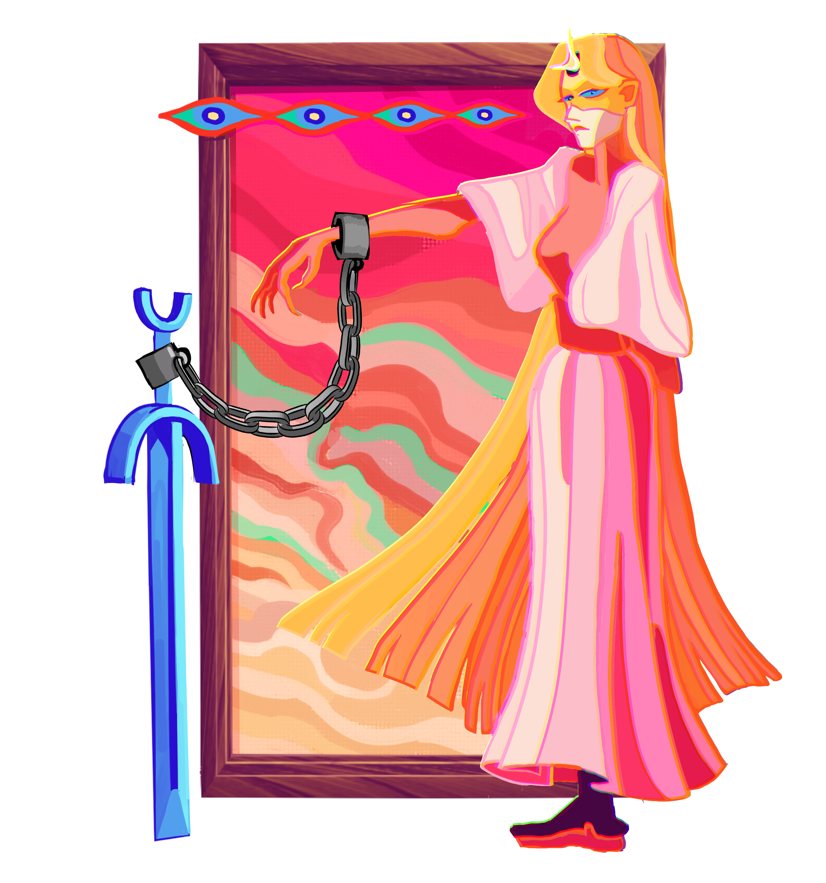 A sombre woman dressed in a long flowing gown stands to attention. Her wrist is chained to a sword.