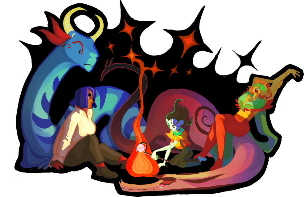 From left to right, Dew, Dia, Eir, Yabby, and Ill sit aroung a campfire, roasting the earth on a stick.