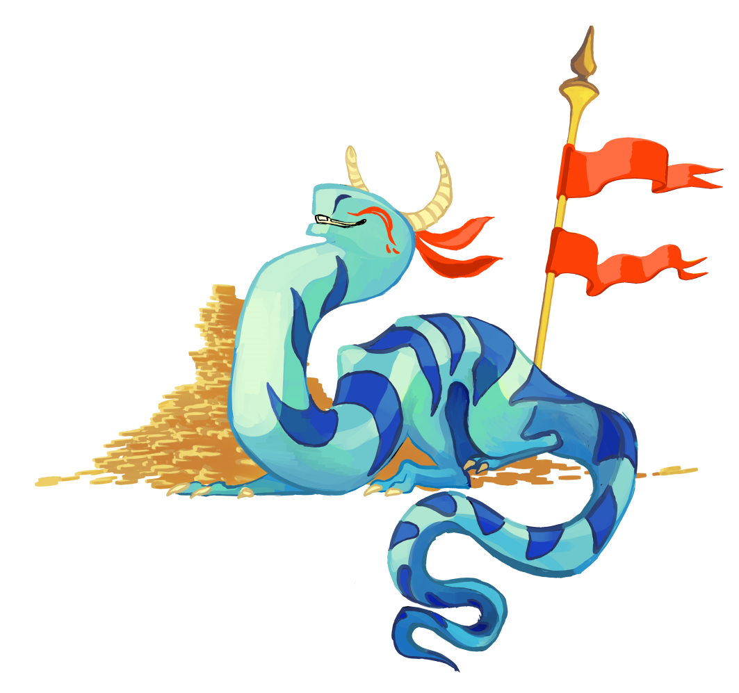 A long spindly wyrm with blue fur, pale curvy horns, and bright red face paint. He lounges across a pile of coins with a grin.